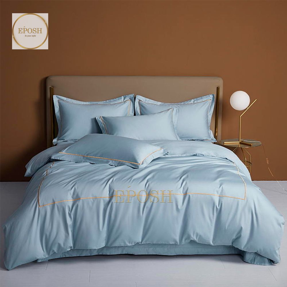 Luxury Satin One Line Bratta Stitch Duvet Cover Set-Sky Blue