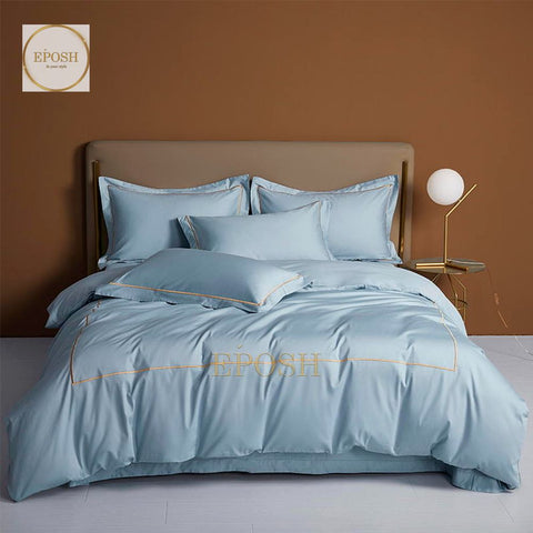 Luxury Satin One Line Bratta Stitch Duvet Cover Set-Sky Blue