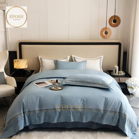 Luxury Satin Bratta Stitch Duvet Cover Set-Slate Blue