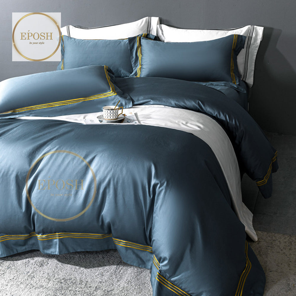 Luxury Satin Bratta Stitch Duvet Cover Set-Slate Blue