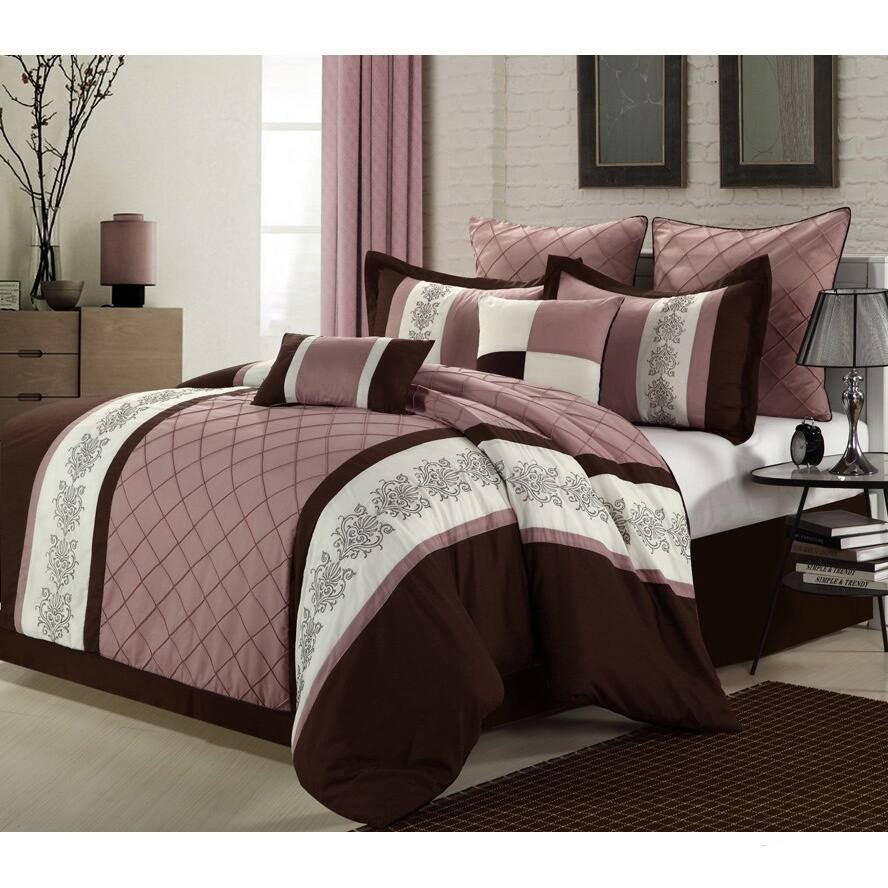 Embroidered Pleated Duvet Set - Brown and Tea Pink