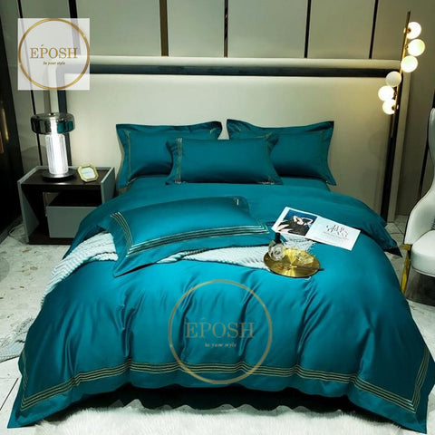 Luxury Satin Bratta Stitch Duvet Cover Set-Teal