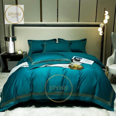Luxury Satin Bratta Stitch Duvet Cover Set-Teal