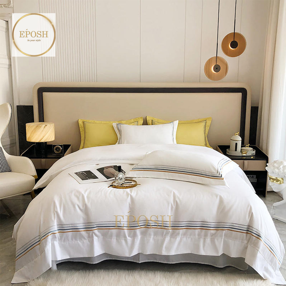 Luxury Satin Bratta Stitch Duvet Cover Set-White
