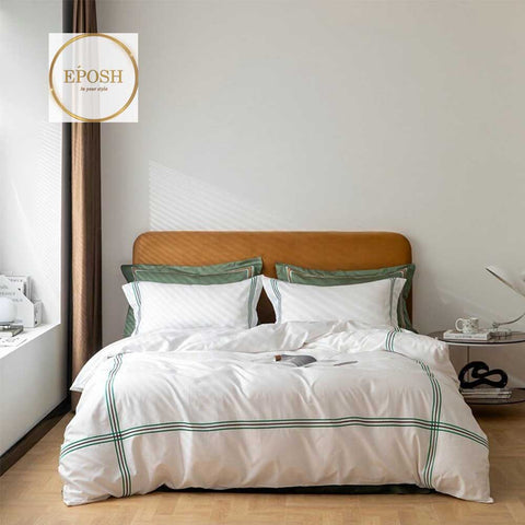 Luxury Satin Bratta Stitch Duvet Cover Set-White