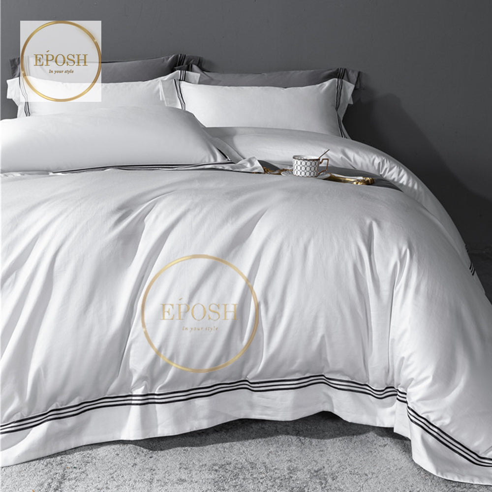 Luxury Satin Bratta Stitch Duvet Cover Set-White