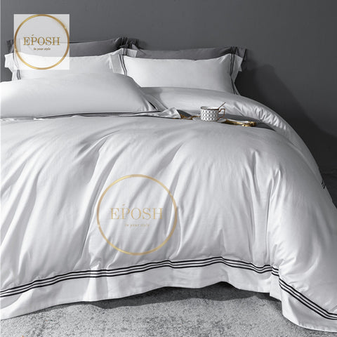 Luxury Satin Bratta Stitch Duvet Cover Set-White