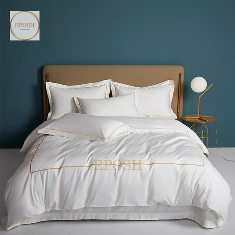 Luxury Satin One Line Bratta Stitch Duvet Cover Set-White