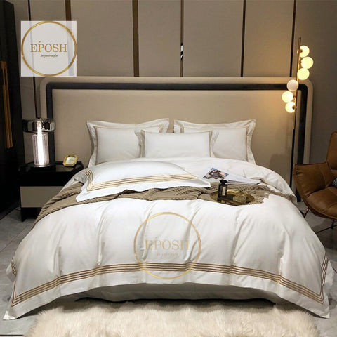 Luxury Satin Bratta Stitch Duvet Cover Set-White and Gold