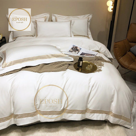 Luxury Satin Bratta Stitch Duvet Cover Set-White and Gold