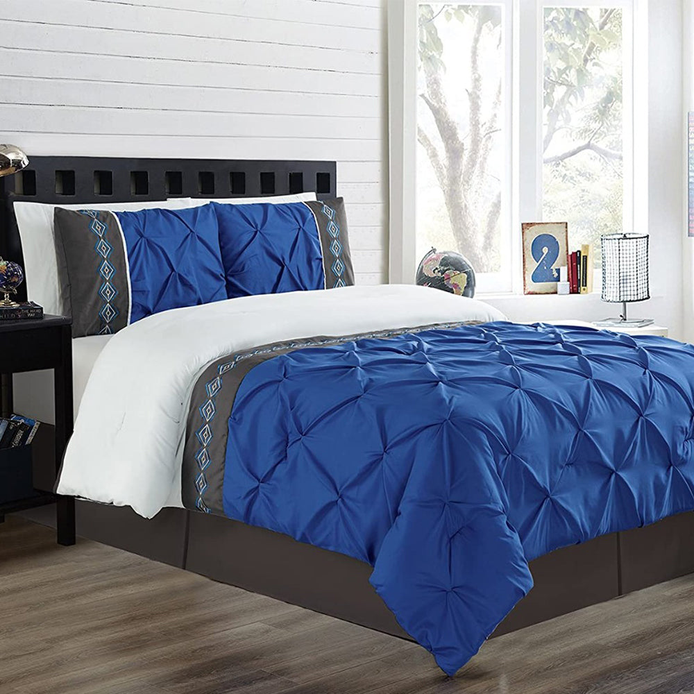 Embroidered Pintuck Duvet 8 Pieces - Royal Blue