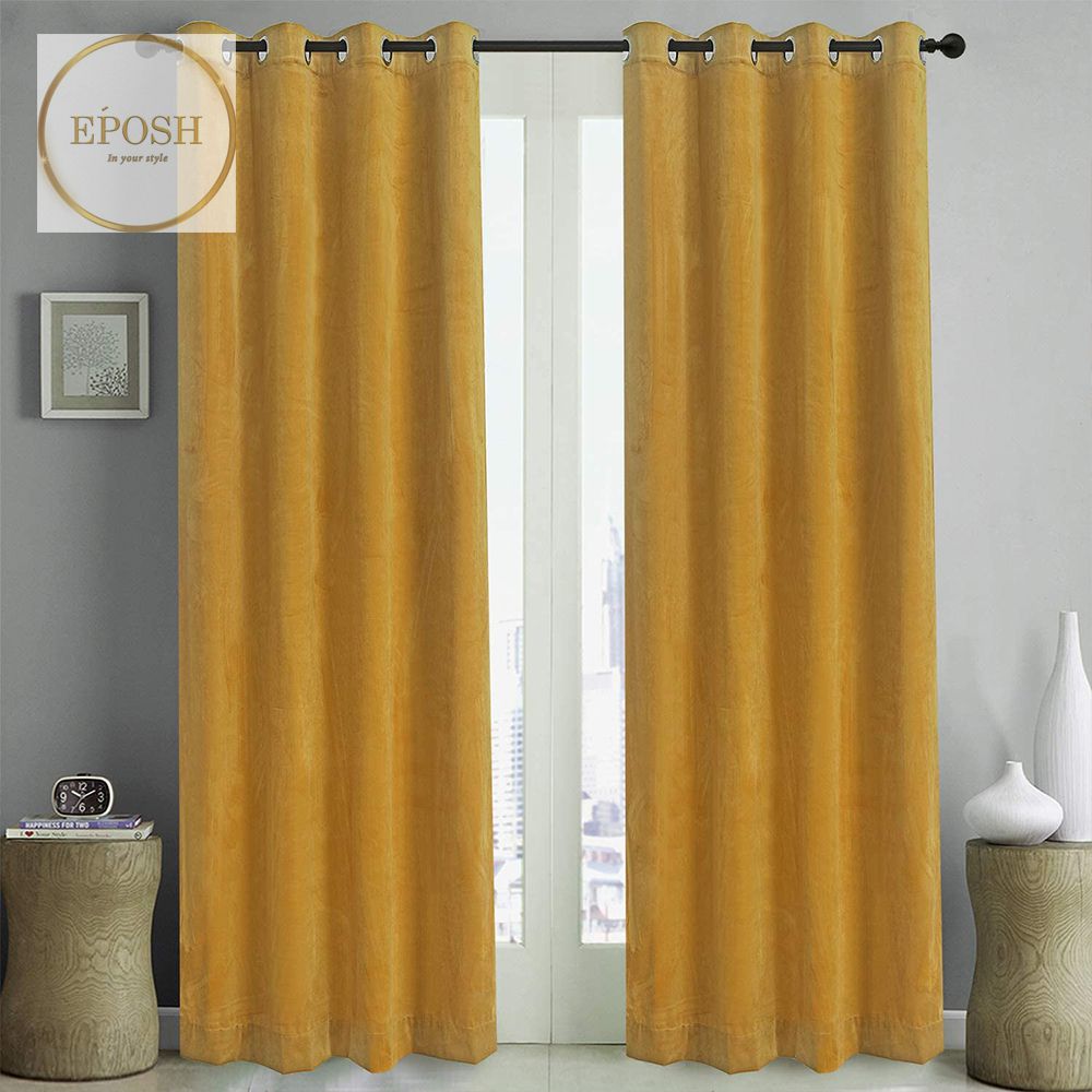 2 Pieces Plain Dyed Velvet Eyelet Curtains-Yellow